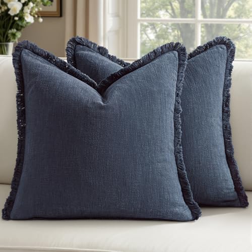 Woaboy Decorative Linen Fringe Throw Pillow Covers Boho Farmhouse Soft Cushion Covers Accent Pillowcases with Tassels for Living Room Couch Sofa Bed Chair,22x22 Inch Set of 2,Blue