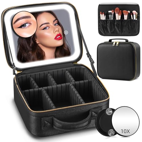 Jadazror Makeup Bag with Mirror and Light 3 Colors, Travel Make up Bag with Mirror Portable Lighted...