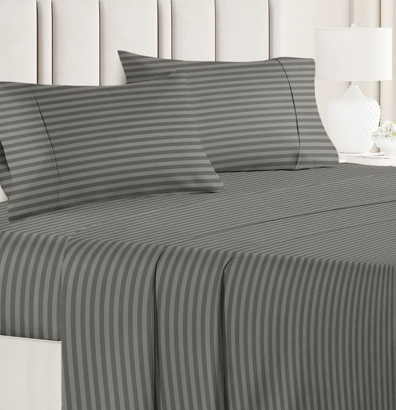 Image of BSB HOME 210 TC Premium Glace Cotton Striped /Lining Plain Bedsheet for Double Bed King Size with 2 Pillow Covers for Home-Hotels-Guest House-Grey