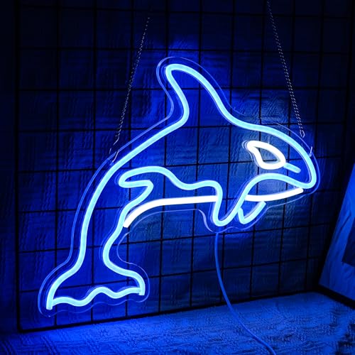 Image of killer whale Neon Sign, Whale Bedroom Wall Decor With Usb Powered Ocean Killer Dimmable Lights Led Sign For Game Room Office Bar Pub Club Man Cave Decoration（16.5 X 12.6 In）