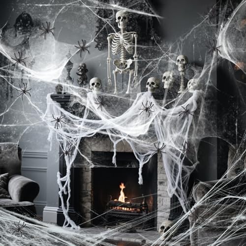 SUNBEAUTY 1000sqft Spinnennetze Halloween Spinnennetz Deko Dehnbare mit 40 Stück Mini Spinnen für Halloween Innen/Außen Party Decor, Garten, Häuser, Tür Fenster, Kamin, Horror Spuk