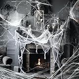 SUNBEAUTY 1000sqft Spinnennetze Halloween Spinnennetz Deko Dehnbare mit 40 Stück Mini Spinnen für Halloween Innen/Außen Party Decor, Garten, Häuser, Tür Fenster, Kamin, Horror Spukhaus, Hof Grusel