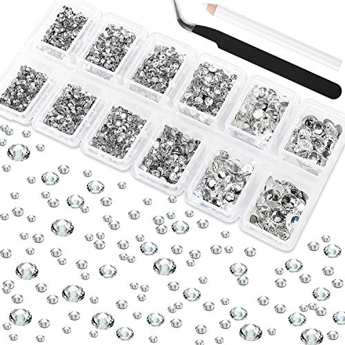 Outuxed 3200pcs Clear Flat Back Crystal Rhinestones 6 Size(1.6-6.4mm) Nail Art Rhinestones Gems