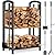 Meoligr Fireplace Tools Set, Double-Layer Firewood Rack, Heavy-Duty Wrought Iron Firewood Holder with Extra-Large Storage, Complete 4-Piece Fireplace Accessories (Tongs, Poker, Brush, Shovel)