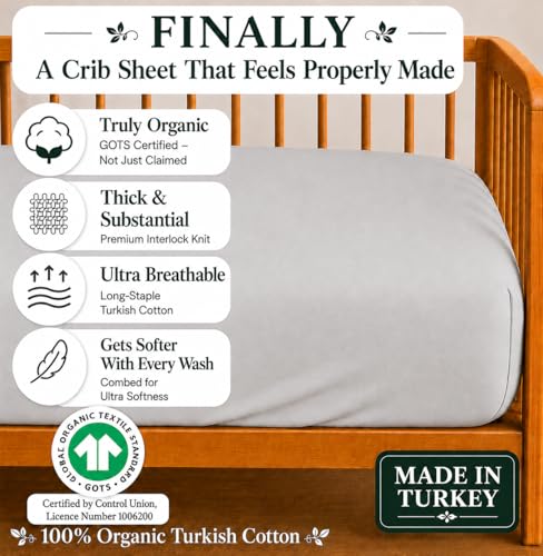 Image of GOTS Organic Pack and Play Sheets Fitted - 1 Pack Mini Crib Sheets Premium Weight Turkish - Cotton 38x26 Neutral Toddler Playard Bedding, Fitted Mini Baby Crib Mattress Cover Boy, Girl