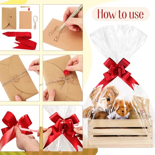 Image of Wonderjune Wooden Baskets for Back to School Gifts Empty Wood Basket with Cellophane Bag Ribbon Greeting Card for Birthday Baby Shower Wedding Housewarming Gifts Packaging(Wood,Large)