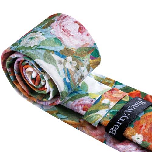 Image of Barry.Wang 100% Cotton Floral Ties for Men 63 inch Extra Long Necktie Clip
