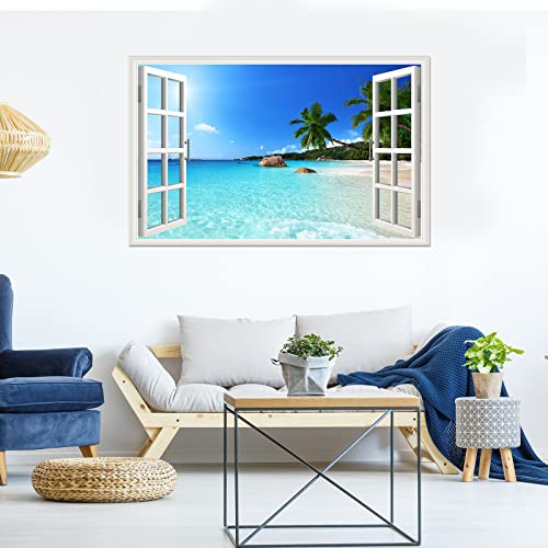 3D Beach Seascape Wall Sticker Removable Fake Windows Wall Sticker Coastal Palm Tree Wall Mural For Bedroom Living Room Decoration #TOP5