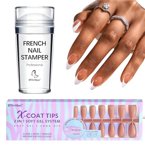 BTArtbox Almond Gel Nail Tips with Pre-shaped French Nail Stamper