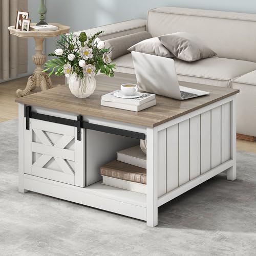 DWVO Farmhouse Storage Coffee Table: Wooden Square Center Table with Sliding Barn Door, Half Open Storage for Living Room, Grey