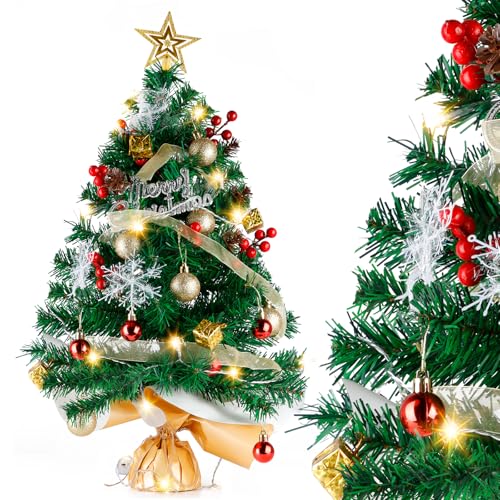 Arbol de Navidad 60cm, Siebwin Mini árbol de Navidad Verde con Estrella de Copa de árbol y Guirnalda de luz LED para Decoración de Fiesta de Navidad de Escritorio