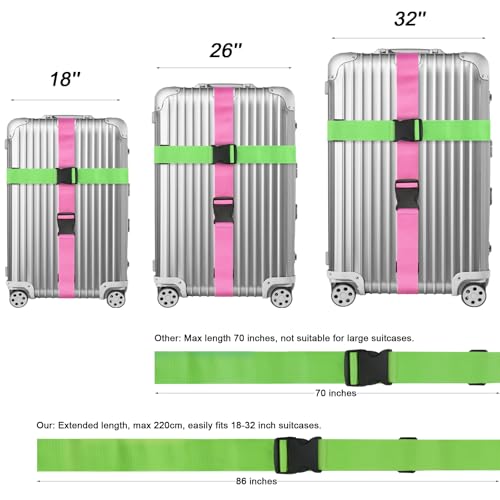 4 Pack Luggage Straps for suitcases, 4 pcs Extra Long Suitcase Straps TSA Approved Luggage Belt with Buckle, Adjustable Travel Belt for Luggage for 20'' - 32'' Suitcases(Grey Blue Green Pink)