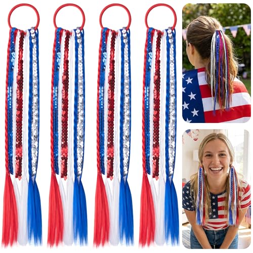 LFUTARI 4 Pcs 4th of July Ponytail Hair Extension Patriotic Elastic Hair Ties Bands Red White Blue Ponytail Accessories for Women Girls Independence Day Halloween Festival Party Decorations