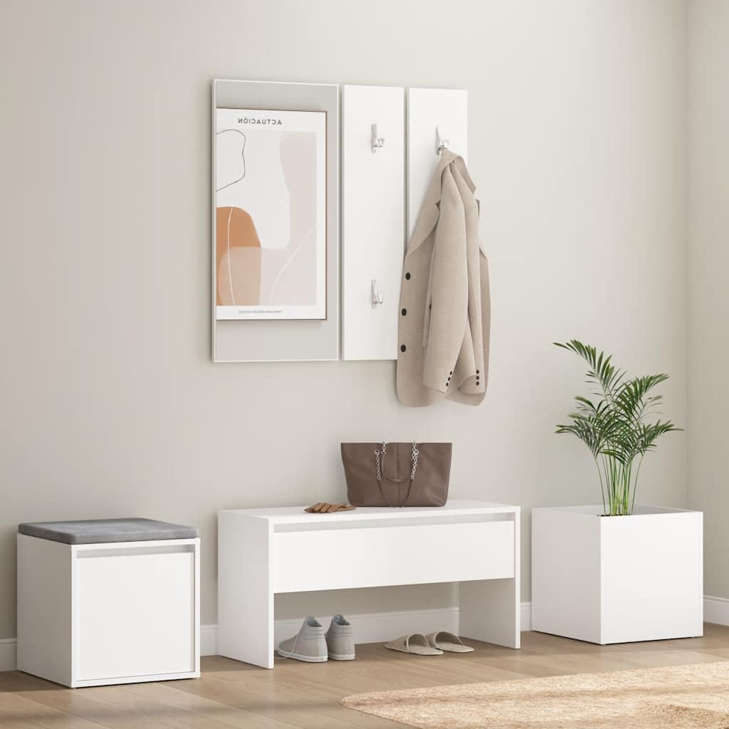 Juego de perchero de madera con espejo, color blanco | Banco de pasillo con cajón, caja de almacenamiento, jardinera, asiento hasta 110 kg