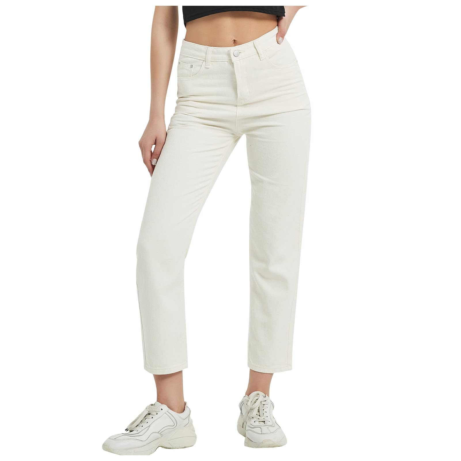 Women's Elegant Solid Color Stitching Straight Leg Denim Trousers with Pockets Casual Work Jeans Slim Fit Cropped Pants Elastic Band Stretch Jean Pants