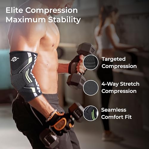 Image of Nivia Knitted Elbow Support For Men & Women, Compression Elbow Sleeve, Elbow Brace for men, Ideal For Gym, Weightlifting, Fitness, Training & Injury Prevention (Pair) (Green /Black, M)