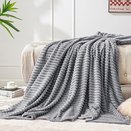 Image of BEDELITE Fleece Blanket Twin Size - 3D Ribbed Jacquard Soft and Warm Decorative Fuzzy Blankets - Cozy, Fluffy, Plush Lightweight Throw Blankets for Couch, Bed, Sofa(Grey, 60x80 inches)