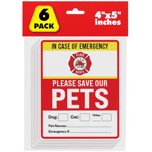 Pet Alert Safety Fire Rescue Sticker 4 x 5 6pk - Emergency Pet Inside Decal - in Case of Danger Home Window Door Sign
