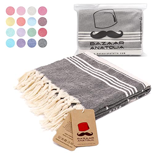 Bazaar Anatolia Stripe Turkish Beach Towel 100% Cotton Oversized 75x38 Large Boho Bath Towels Bathroom Sheets Gym Pool Quick Dry Sand Free (Black)