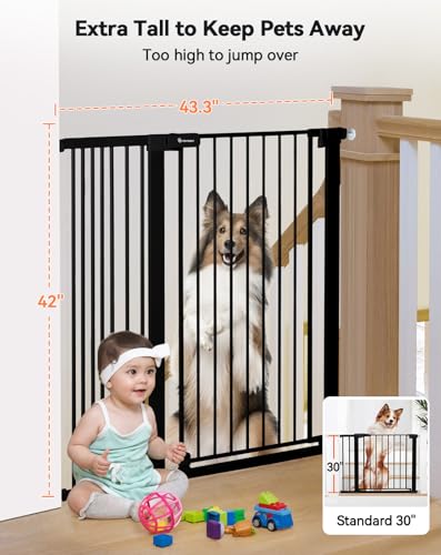 COMOMY 107 cm Extra Hoch Türschutzgitter, 75-110 cm Breit Treppenschutzgitter ohne Bohren, Türgitter für Baby, Kinder, Hund und Katze, Metall, Automatisches Schließen, 90°Stop (Schwarz)