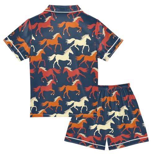 Cartoon Silhouettes Of Horses Summer Satin Pajama Set, Cute Button-Down Sleepwear Pj Set for Sleep Wears2
