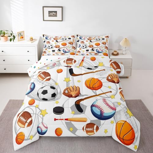 Image of Feelyou Soccer Basketball Comforter Set King Size Football Baseball Hockey Bedding Set for Kids Boys Girls Gaming Sports Duvet Quilt Bedroom Decor Microfiber 3 Pcs with 2 Pillow Cases