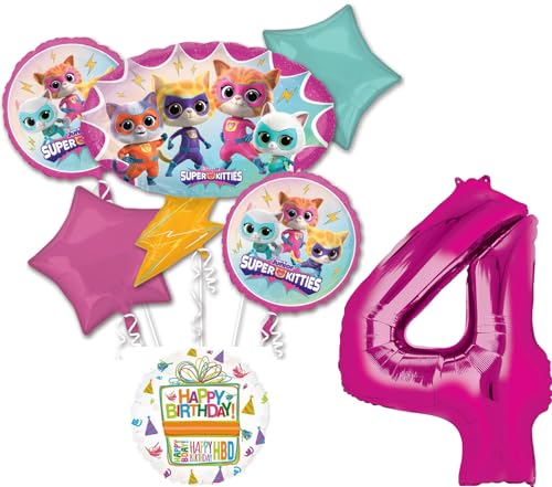 Anagram SuperKitties 4th Birthday Party Supplies 7pc Balloon Bouquet Decorations