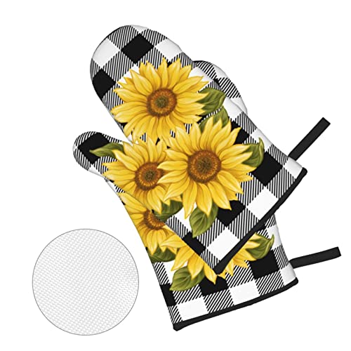 Sunflower Black White Buffalo Plaid Oven Mitts And Pot Holders Sets Of 4 High Heat Resistant Yellow Floral Lumberjack Check Oven Mitts With Oven Gloves And Hot Pads Non-Slip Potholders For Kitchen Bbq #TOP2