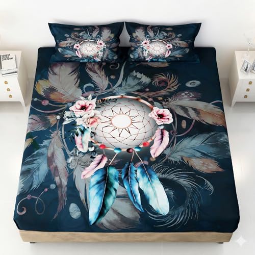 Image of Story@Home Bedsheet for King Size Bed Digital Printing 240TC Satin Finish with 2 Pillow Covers, (270 cm X 270 cm, Navy Blue & Pink), Dream Catcher Design | Double Bed Bedsheet