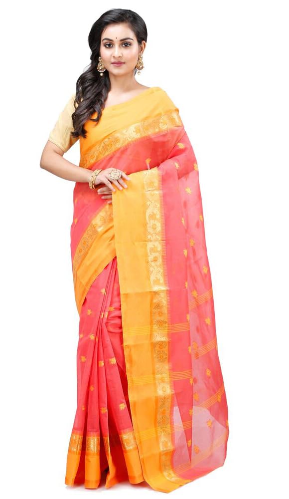 MAA TARA fashion textileWomen's Pure Cotton Woven Tant Traditional Bengal Handloom Saree Without Blouse Piece