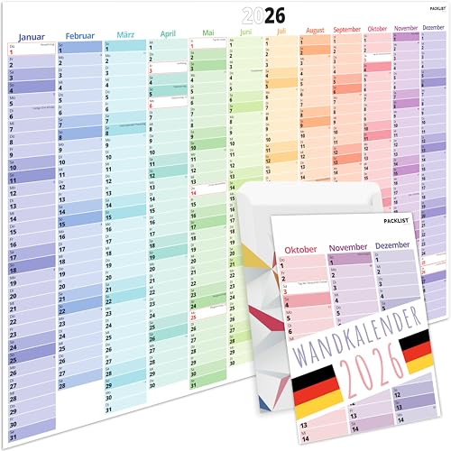 PACKLIST® Wandkalender 2026 XXL A1 (84,1 x 59,4 cm) – Jahresplaner 2026 Wand – Großer Wandplaner mit Feiertagen & Schulferien – Ideal für Büro & Home Office – Naturpapier, Plastikfrei, Made in Europe