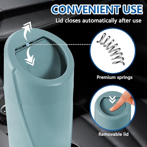 Image of Hovom Mini Car Trash Can with Lid, Portable Garbage Can for Car, Leakproof Cup Holder Automotive Garbage Bin with 2 Rolls of Trash Bags, Small Trash Storage Can for Car Home Office(Dark Green)