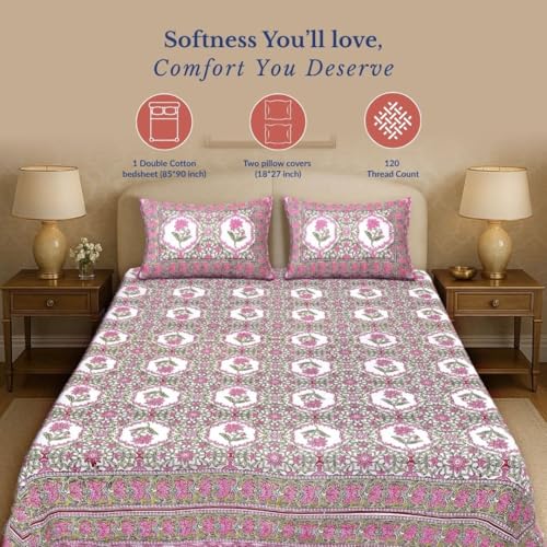 Image of Jaipur Weaves Jaipuri Double Bed Cotton Bedsheet Queen Size 90x85, 120 TC 100% Pure Cotton Bed Sheet with 2 Pillow Covers, Floral Traditional Print (Mughal Garden Pink, Double)