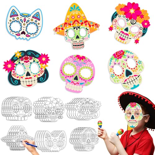 Hollowfly 30 Pcs Skulls Craft Kits Day of the Dead Paper Masks Dia De Los Muertos Masks Crafts Skull Decoration to Paint Photo Halloween Party Favors Costume Accessories