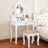 Byroce Vanity Table Set, Makeup Table with Oval Mirror & Cushioned Stool, Bedroom Dressing Table w/