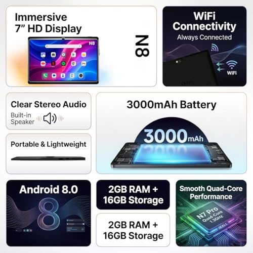 Image of IKALL N8 Android Wi-Fi Tablet - 7 Inch Display, 2GB RAM, 16GB Storage (Expandable), Wi-Fi Only, 3000mAh Battery, Dual Camera, Compact Tablet for Entertainment, Online Learning & Browsing (Black)