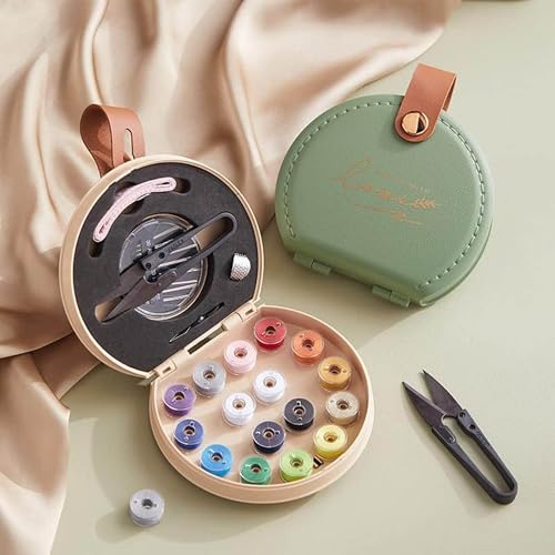 Image of Curated Cart Portable Sewing Kit Combo - Sui Dhaga Kit Organizer - Thread, Scissors, Needles, Pins, Measuring Tape, Thimble - DIY Travel & Home Sewing Repair Set - Sewing Thread Box Mini Set - Beige
