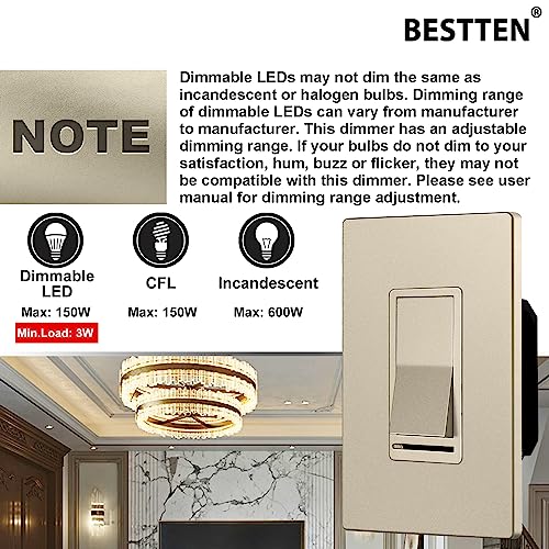 Bestten Matte Champagne Gold Dimmer Wall Light Switch, Single Pole Or 3-Way, Compatible With Dimmable Led, Cfl, Incandescent And Halogen Bulb, 120Vac, Signature Collection, Ul Listed #TOP5