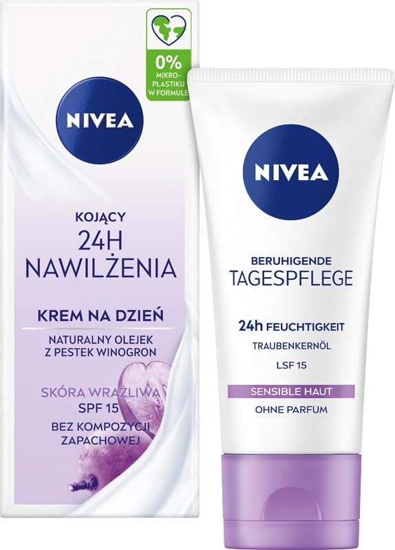 NIVEA Cuidado de día calmante 24h humedad SPF 15, crema facial sin perfume para pieles sensibles, crema de día delicada con aceite de semilla de uva