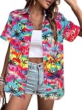 Hawaiian Shirts Women Hawaii Tshirt Cool Floral Tropic Print Graphic Tees Tops Button Up Summer Vacation Shirt （Color Tree XL）