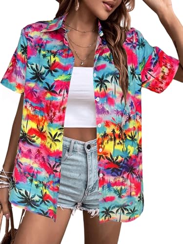 Hawaiian Shirts Women Hawaii Tshirt Cool Floral Tropic Print Graphic Tees Tops Button Up Summer Vacation Shirt, Color Tree, Medium