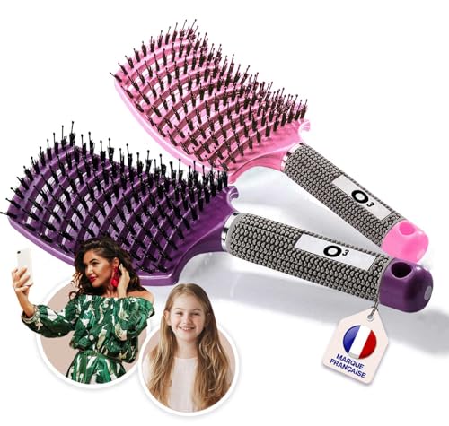2 Brosses à Cheveux en Poils de sanglier- Démélant 100% Narurel - Démêler sans larmes ! Set Brosses (Rose et violette)