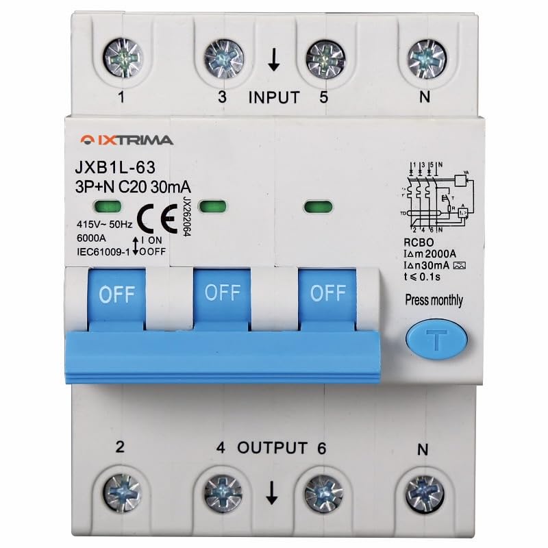 Interrupteur magnétothermique différentiel 3P+N 20A 30mA 380V-6KA Classe A 30mA pour rail DIN - 4 modules DIN - Protection circuit et sécurité installations