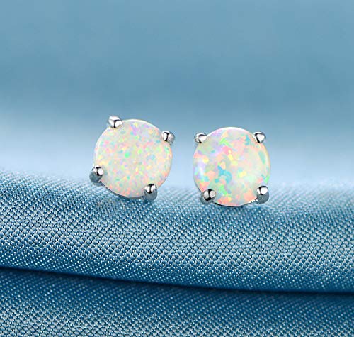 GEMSME 18K White Gold Plated 6mm Round White Opal Stud Earrings For Women