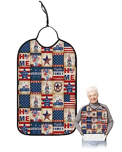 Gnomes Truck Stars Stripes Adult Bib for Eating with Crumb Catcher,Washable & Waterproof Terry Cloth Adjustable Elderly Women Men Adult Bibs Funny Apron Clothing Protector Fourth-of-July Flower