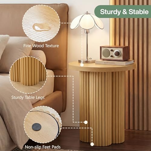 Image of Round Fluted End Table, 17.7'' Mid Century Modern Side Table, Circle Bedside Tables Drink Table Wood Nightstand for Small Spaces, Living Room (Natural-1PCS)