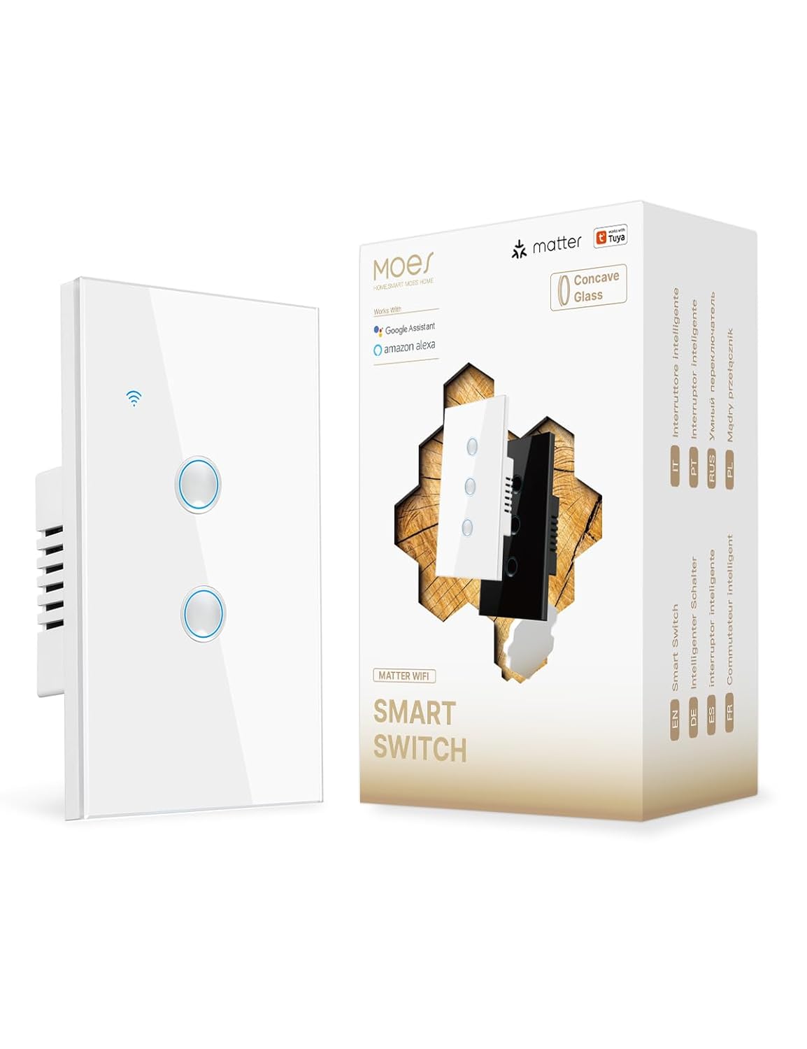 MOES Matter Wi-Fi Smart Light Switches Touch Glass Design, Needs Neutral Wire, Single Pole, 2.4GHz, Remote & Voice Control with Alexa, Google Home & Siri, Supports Timer and Schedule, White 2 Gang