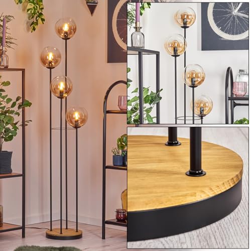 HOFSTEIN Lampadaire métal/bois/verre noir/marron foncé/ambre/transparent, design rétro/vintage (abat-jour Ø 15 cm), interrupteur pied, 148,5 cm, E14,...