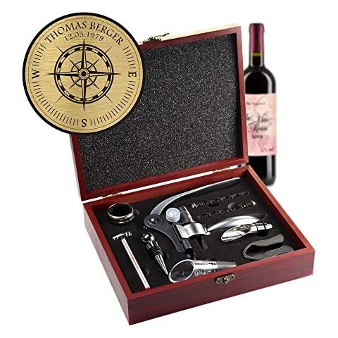 AMAVEL Sommelier Set mit 10 Wein-Accessoires, Geschenkbox aus Holz mit Plakette und Personalisierter Kompass-Gravur, Geschenkidee für Weinliebhaber Cover