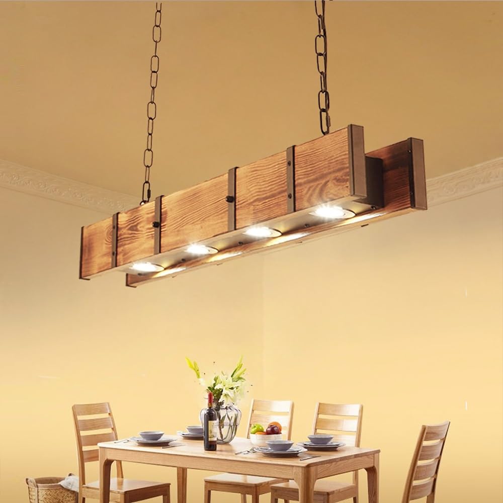 Holz Rustikal Hängeleuchte LED Pendelleuchte Retro Esstisch Hängelampe Retro Höhenverstellbar Pendellampe Industrielle Vintage Kronleuchter Büro Cafe Bar Kreative Küche Deckenleuchte Beleuchtung
